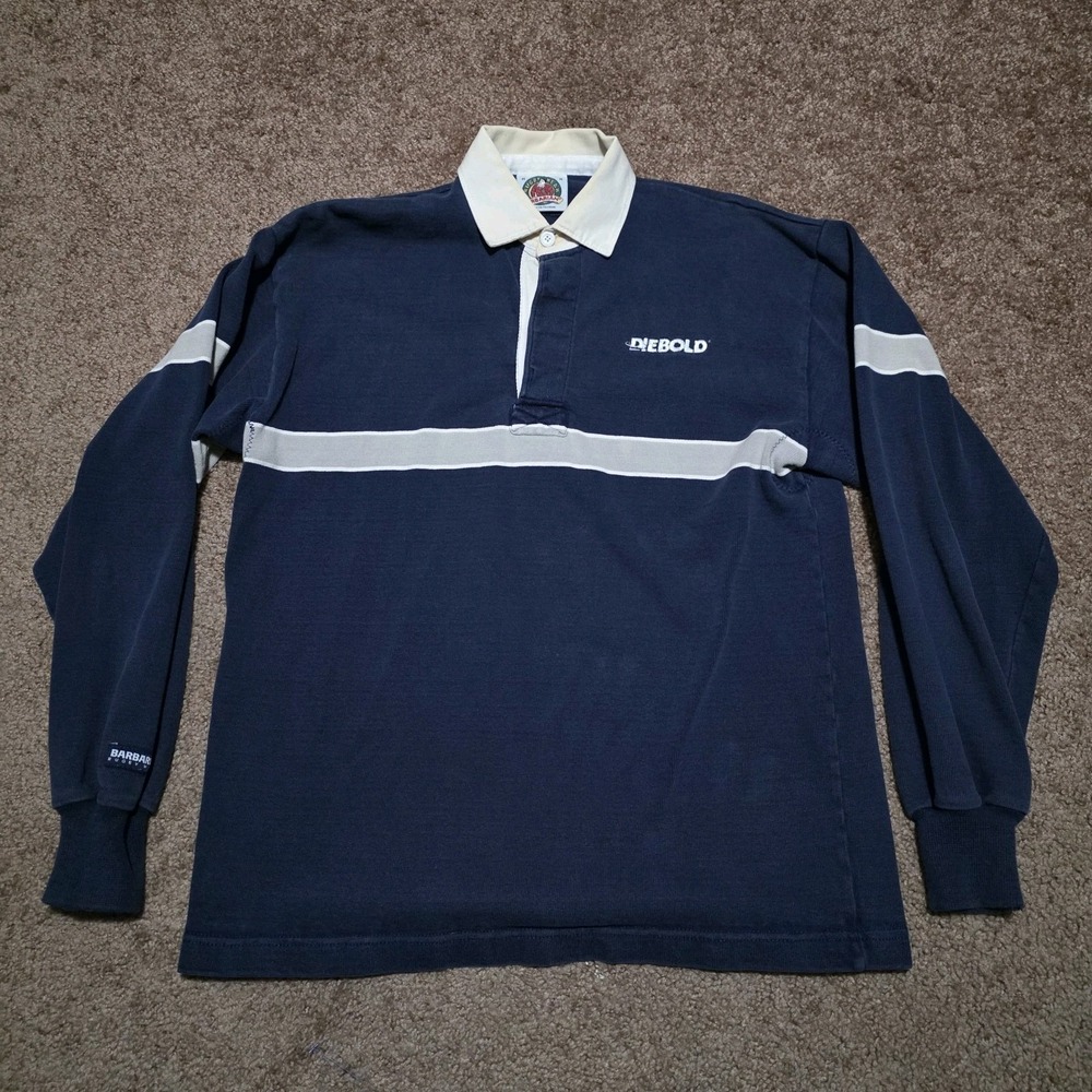 Barbarian Rugby Polo Shirt Mens Medium Navy Gray Diebold Embroidered Long Sleeve - Picture 2 of 11